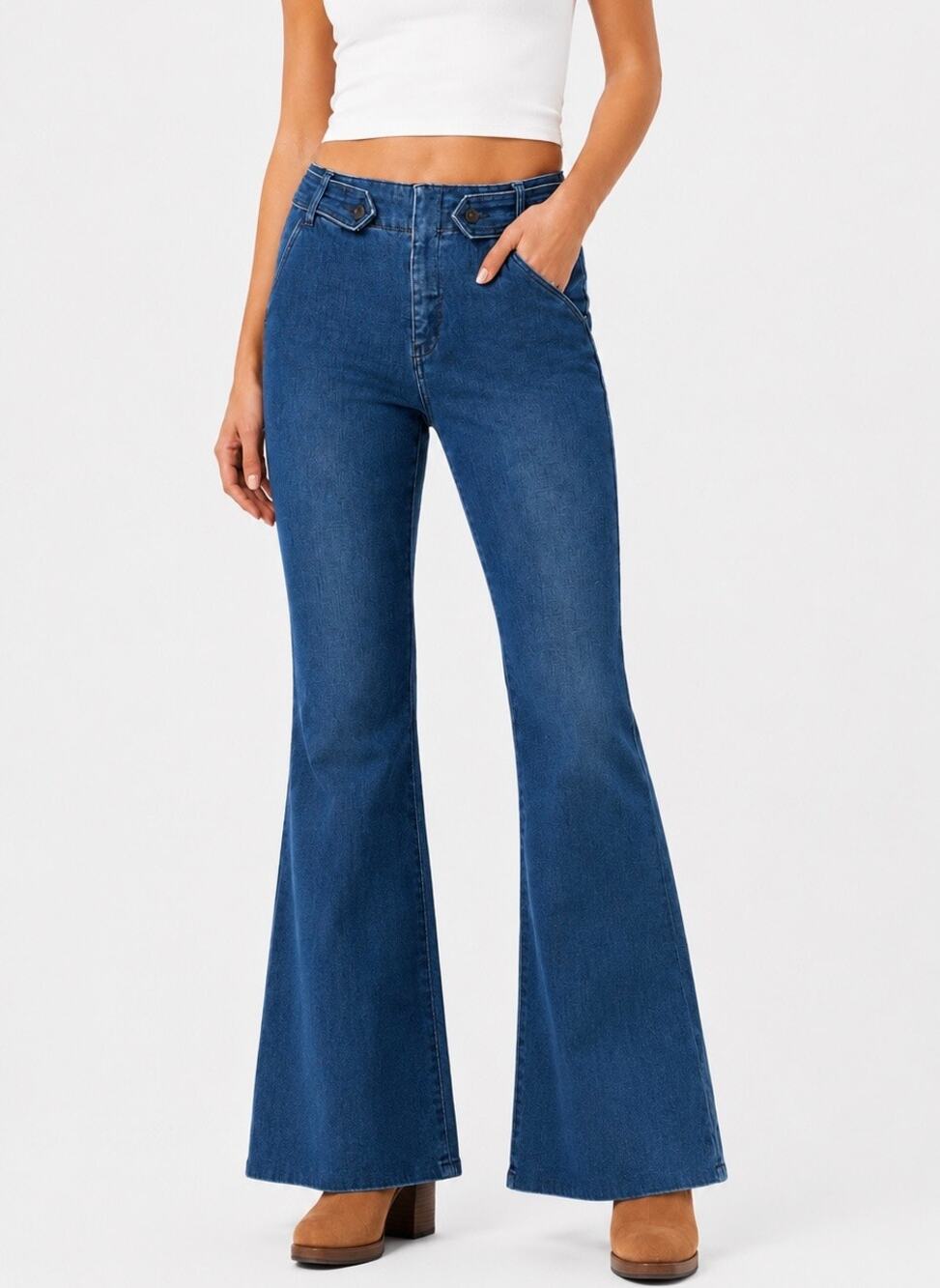 Pilcro Anthropologie Buckle Waist Flare Jeans Blue Hemp Blend Size 31